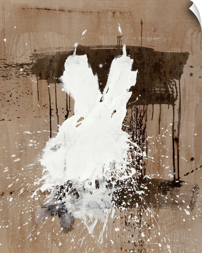 Splattered paint in the shape of a white dress on brown.