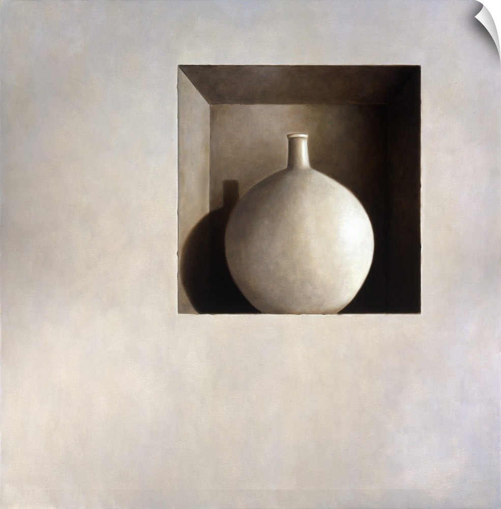 Contemporary still life painting of a white vase sitting in a square hole in the wall.