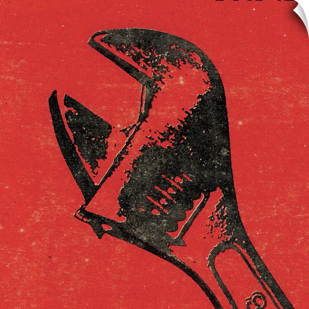 Square art of a wrench on a red background.