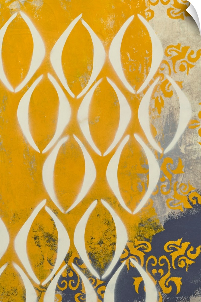 Contemporary abstract painting created with grey and mustard yellow hues and repeating shapes.
