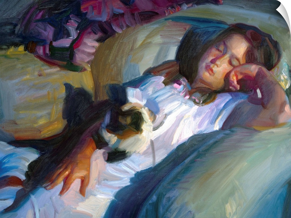 A contemporary painting of a young girl asleep on a chair with a cat napping her lap.