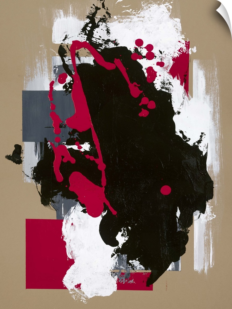 Large abstract painting in beige, black, white, red, and grey.