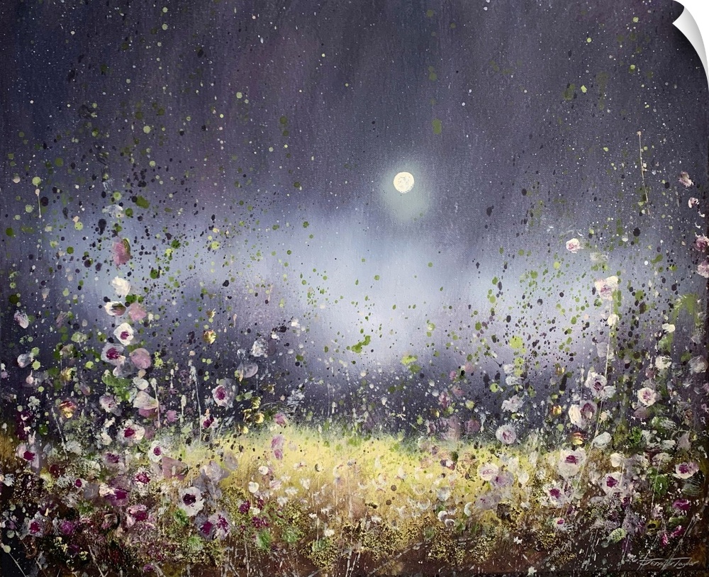A transitional style painting of sparse wildflowers under a night sky with a full moon. Painted in a romantic and feminine...