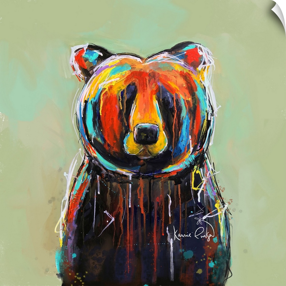 A contemporary painting of a colorful bear with accents shades of yellow, red and blue.