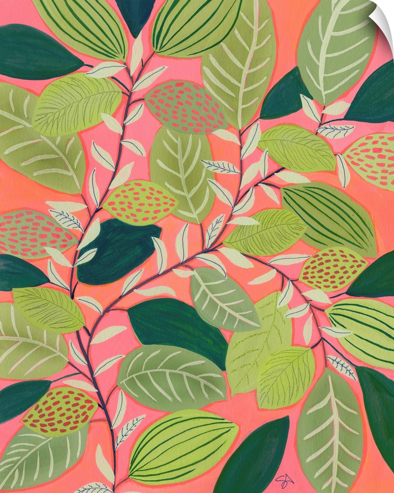 A sweet contemporary painting of sprigs of green leaves against a coral background, suitable for a spring theme or tropica...