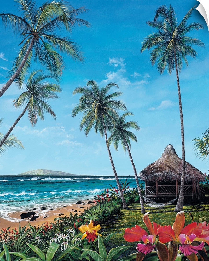 This is a vertical landscape painting of a straw roof hut and hammock slung between palm trees next to tropical beach with...