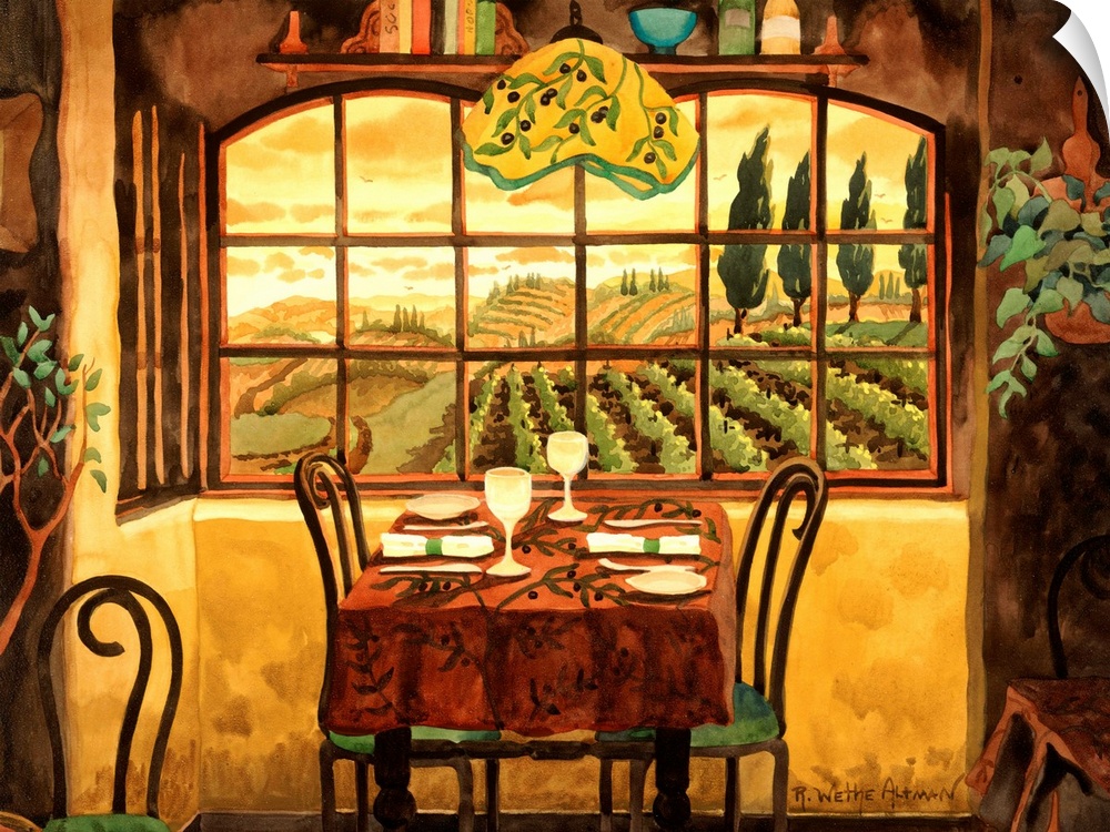 Painting of a table set for dinner inside a house by a window looking out over farmland. Warm, relaxing colors and tones d...