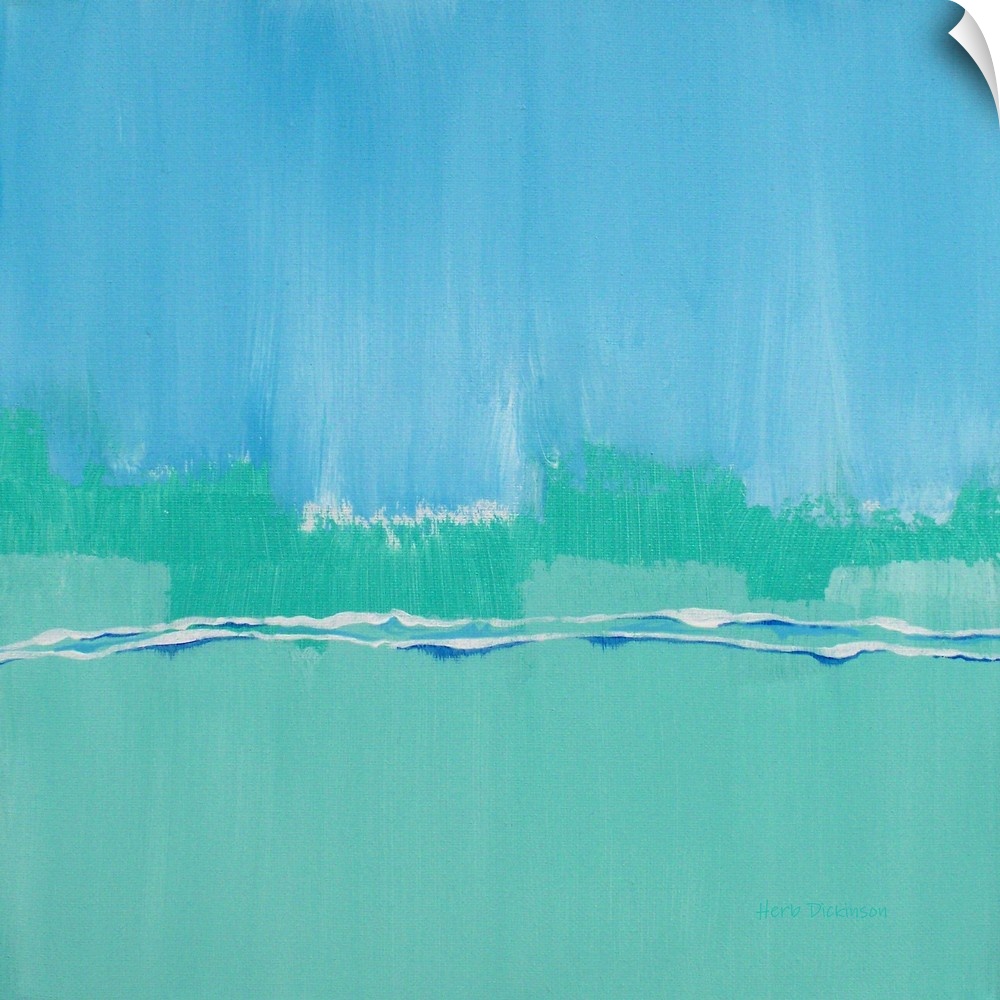 Abstract painting representing an arctic landscape in shades of blue, green, and white on a square background.