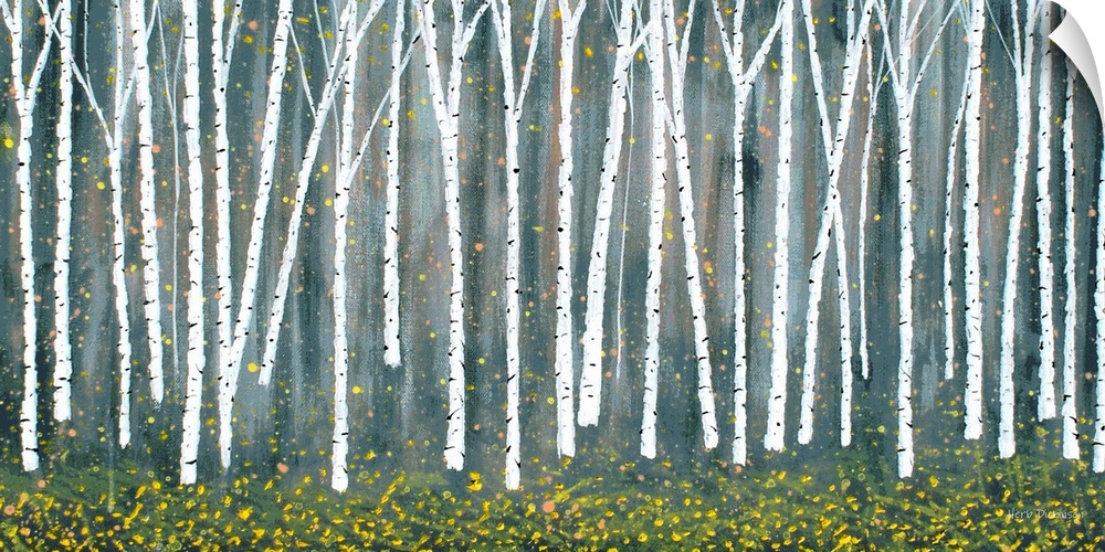 Contemporary painting of Birch trees in the forest with yellow falling leaves.