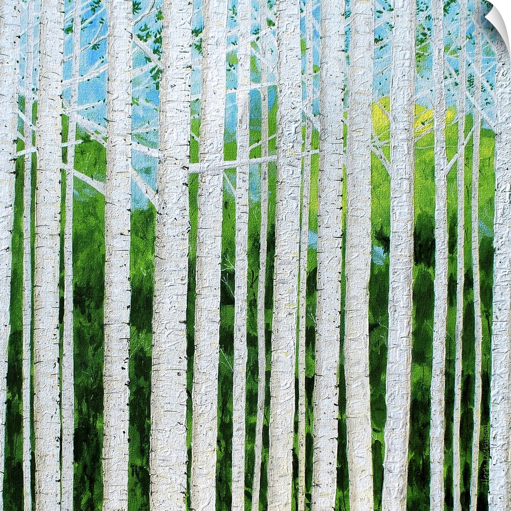 Square painting of textured Birch tree trunks and branches with a green and blue background.