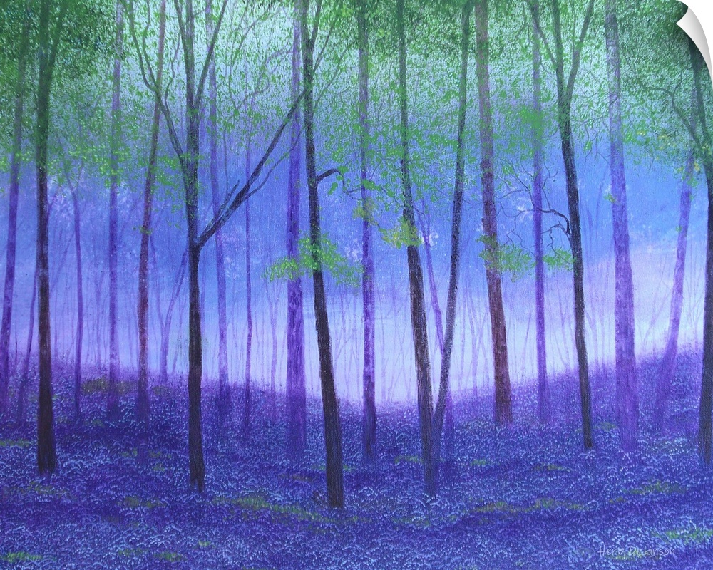 Relaxing morning forest covered with purple wild flowers, takes you away to the world of rest, wonder and peace.