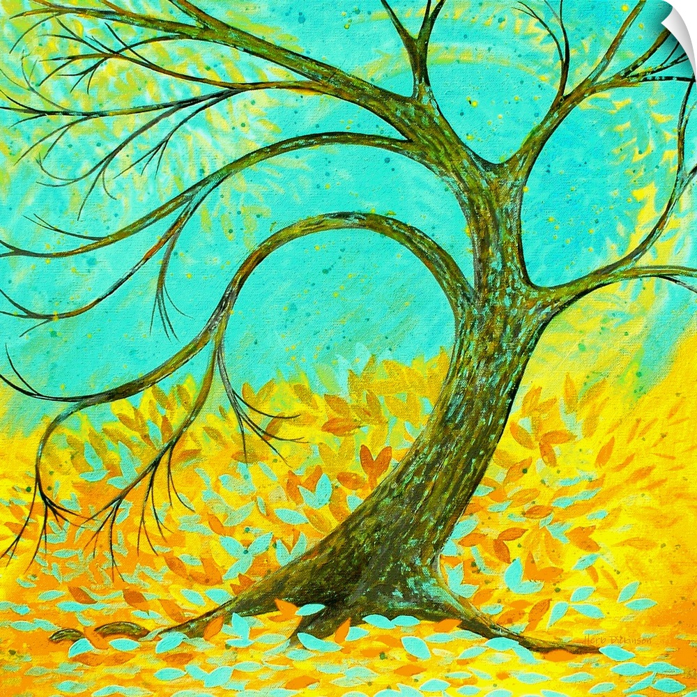 Painting of a single curved tree with yellow and gold Autumn leaves blowing in a swirl in the background.