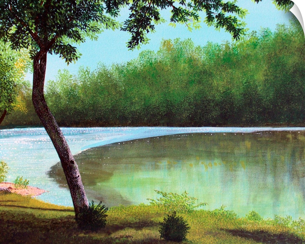 Landscape painting of a riverside with lush greenery.