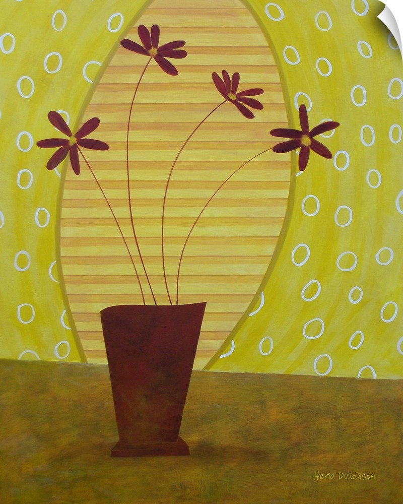 Modern painting of a potted plant on a green and yellow patterned background.