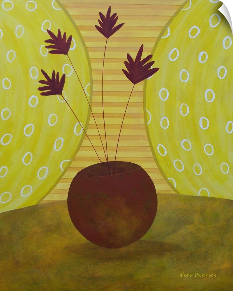 Modern painting of a potted plant on a green and yellow patterned background.