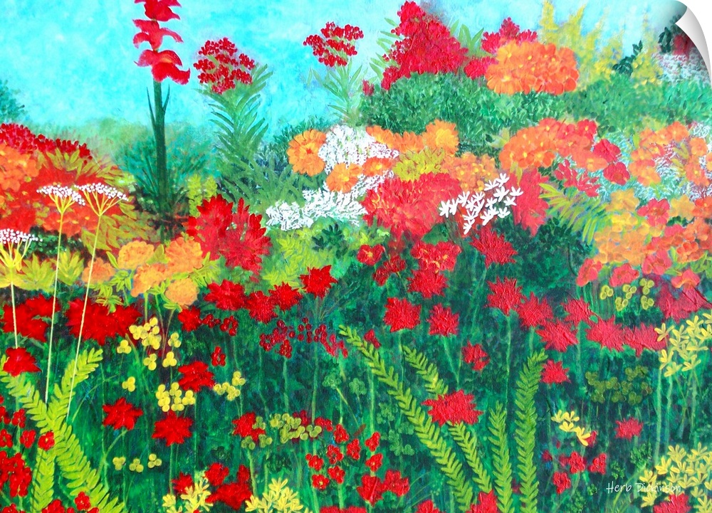 Contemporary painting of a garden with orange, red, and white flowers surrounded by greenery and a blue sky.