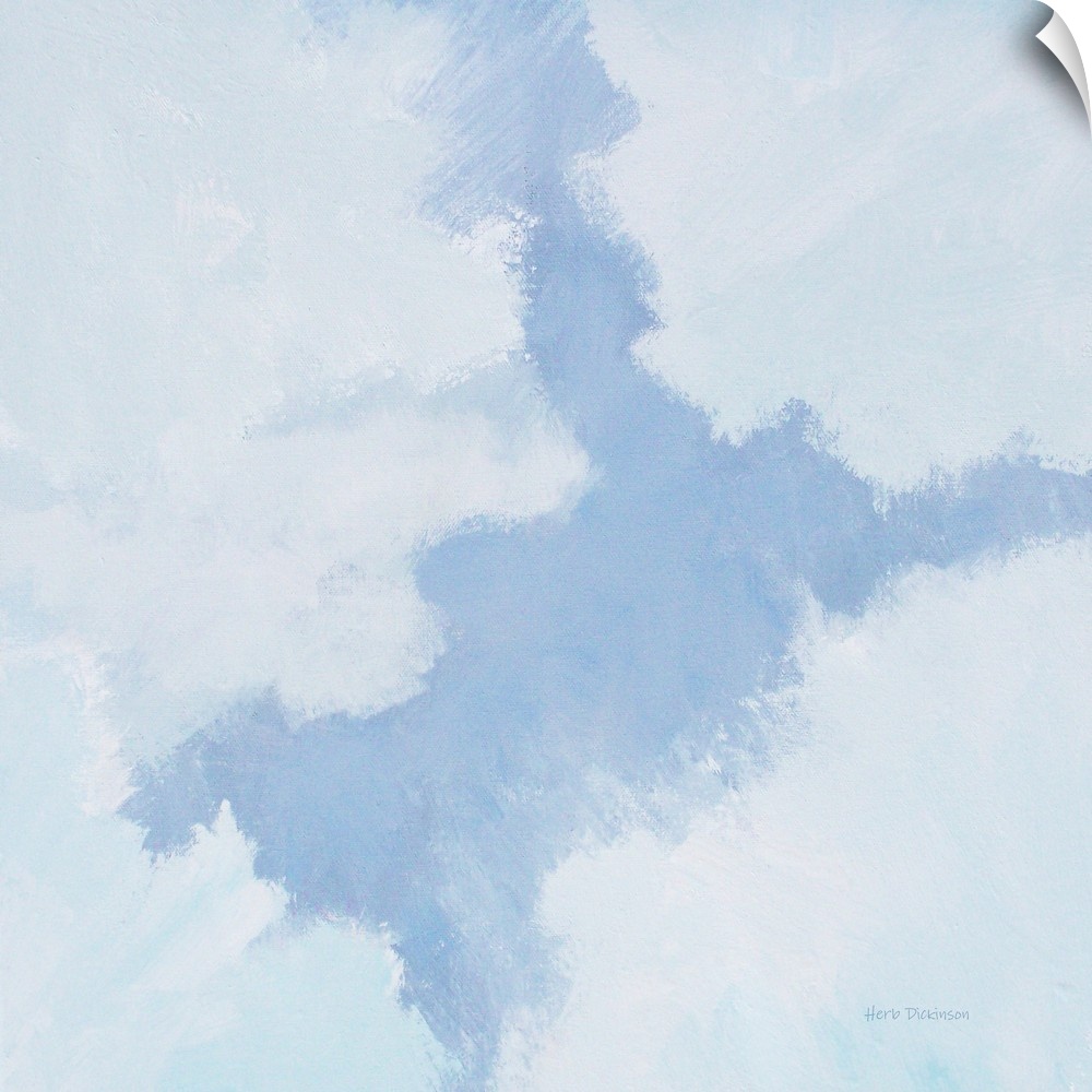 Square painting of a cloudscape in shades of blue, gray, and white.
