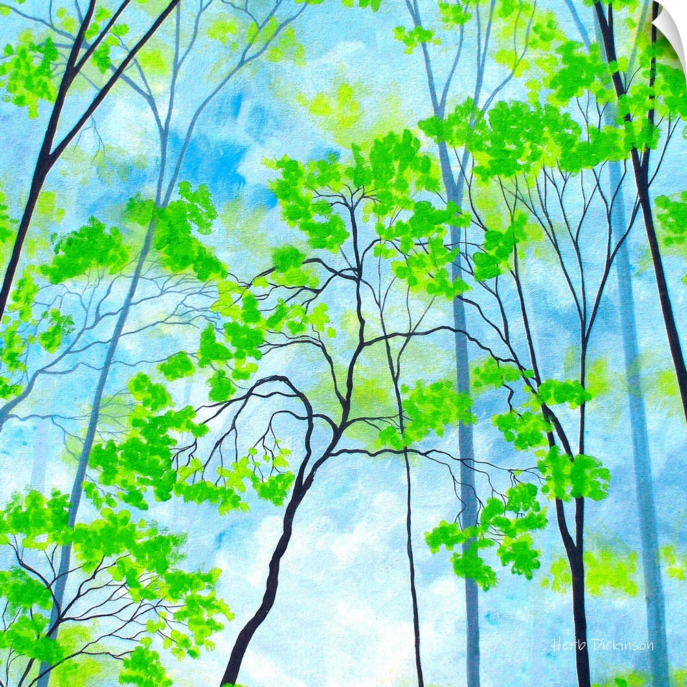 Square painting with bright green tree tops on a cloudy blue background.