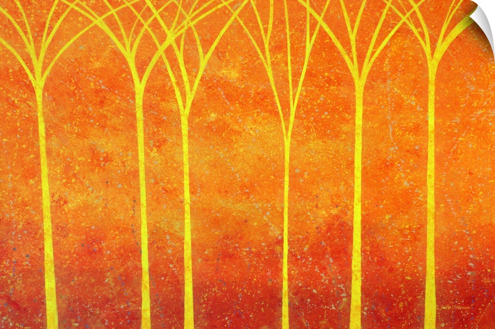 Warm landscape with bright yellow trees on an orange and red background with faint paint splatter.