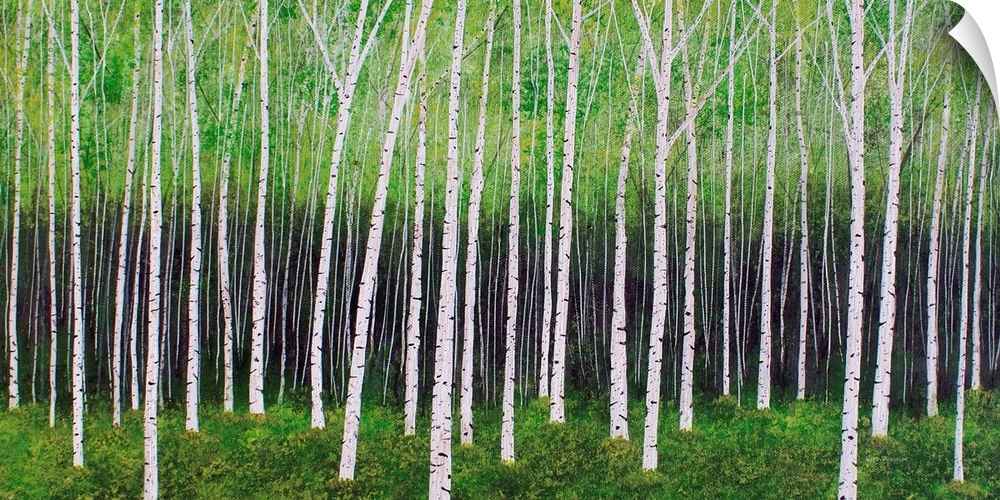 Contemporary painting of lines of trees in a forest with green leaves and grass.