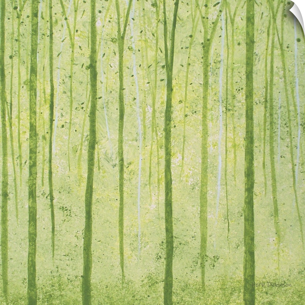 Abstract landscape of tall, skinny tree trunks and falling leaves in shades of green.