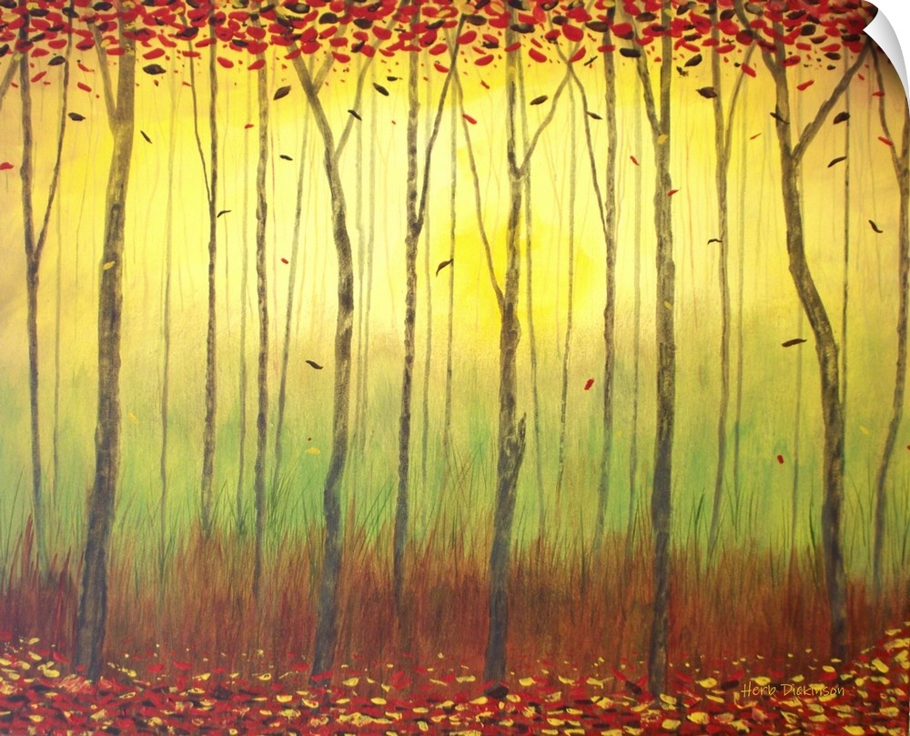 Contemporary painting of an Autumn forest with leaves falling from tall, skinny trees, with yellow sunlight in the backgro...