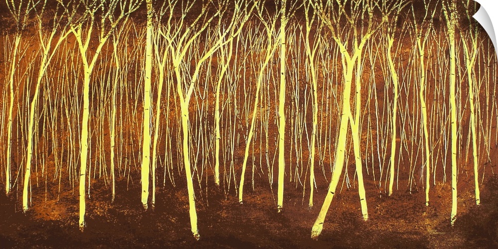 Golden lit tree trunks on a brown background.