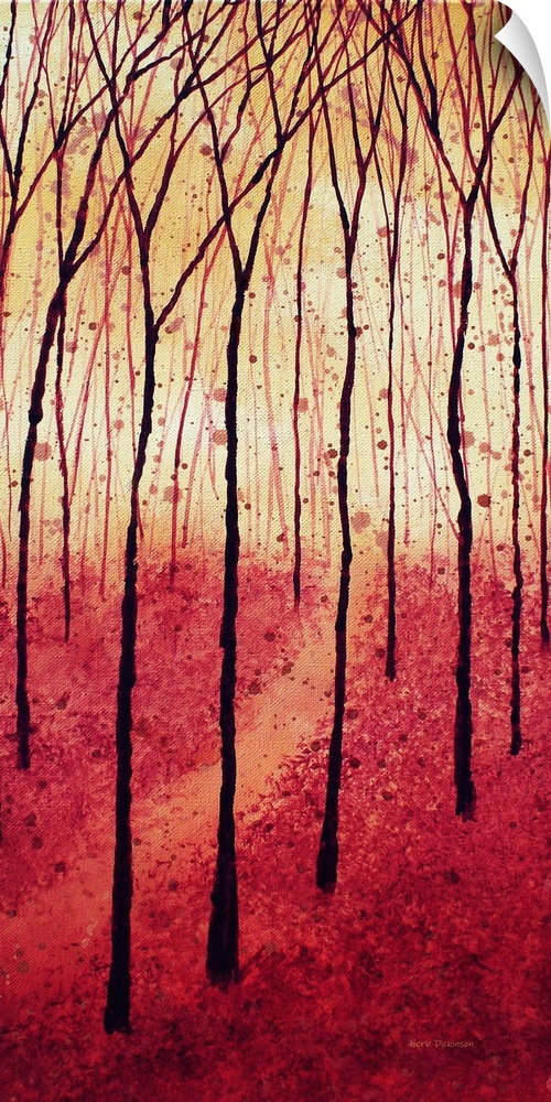 Panel painting of a tree landscape in shades of red and gold with paint splatter in the background.