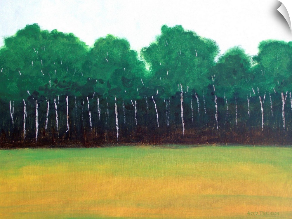 Landscape painting of trees lining the edge of a forest next to an open field.