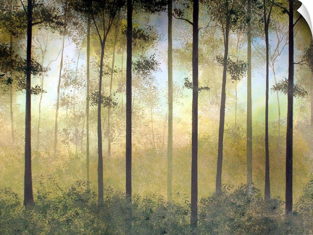 Contemporary painting of a peaceful forest in shades of green and gold with hints of blue in the sky.