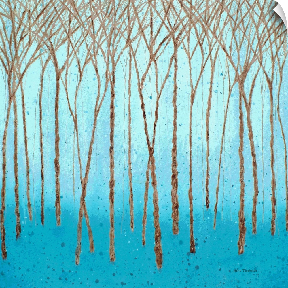 Brown Winter trees on a square background made with shades of blue and paint splatter.