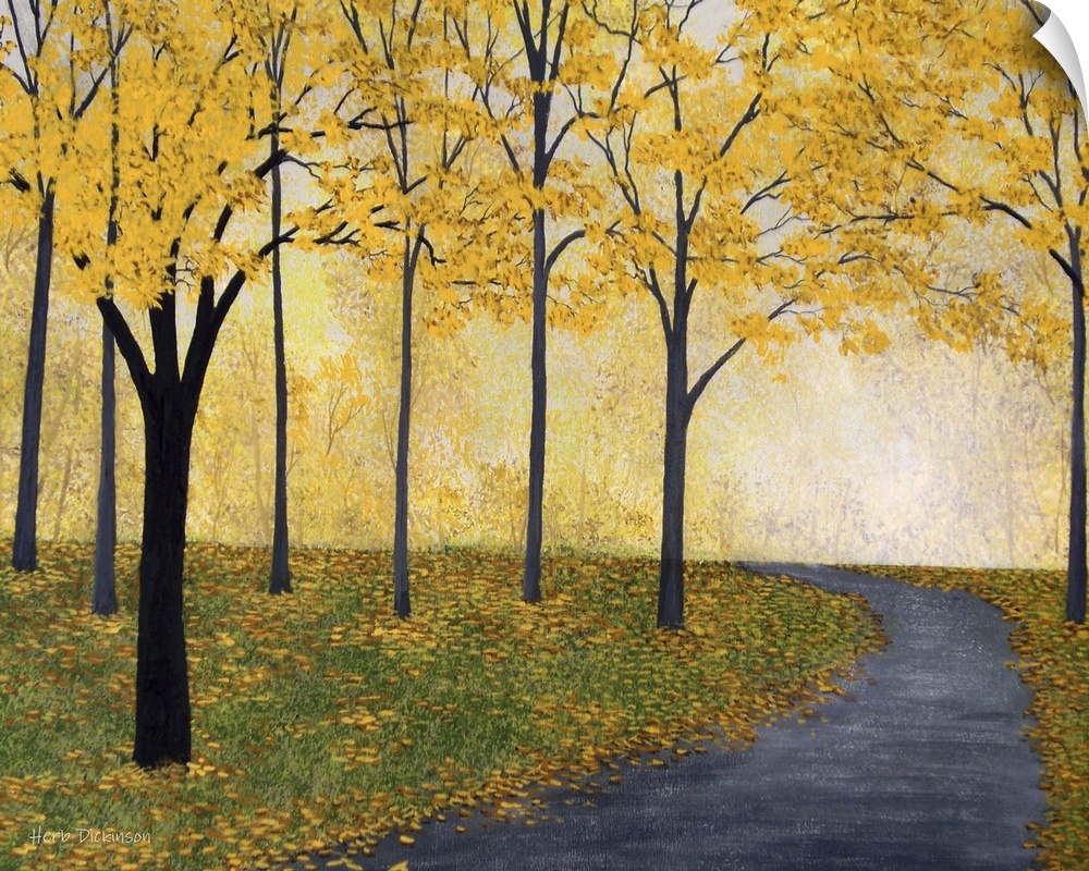 Contemporary painting of a road winding through yellow Autumn trees.
