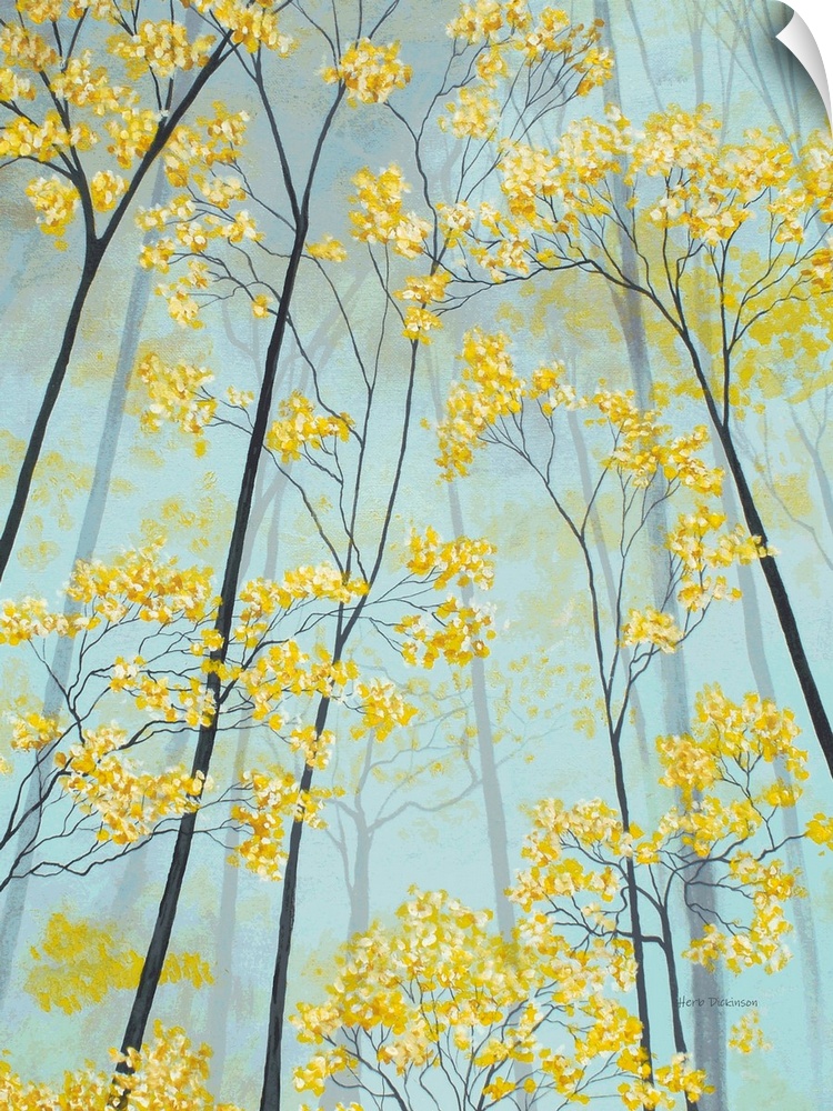 Vertical painting of golden tree tops.