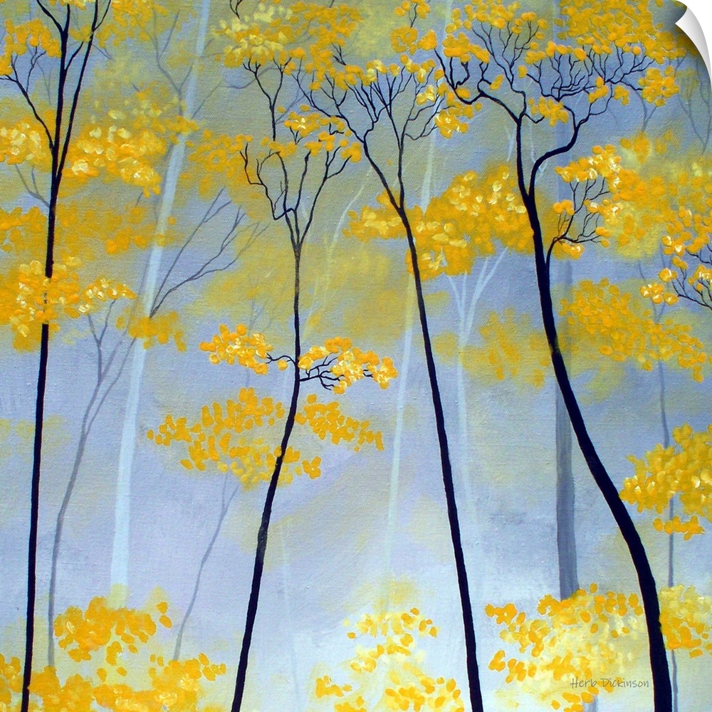 Square painting of golden tree tops.