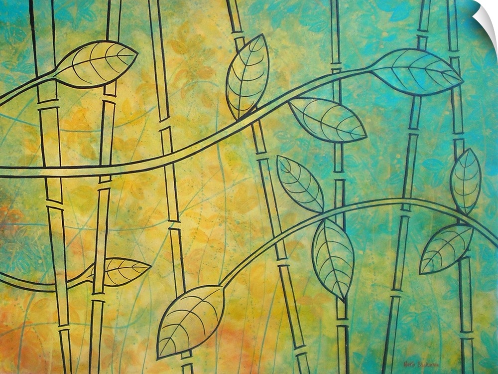 Illustrated leaves with long stems and bamboo sticks behind on an abstract yellow, blue, and orange background.