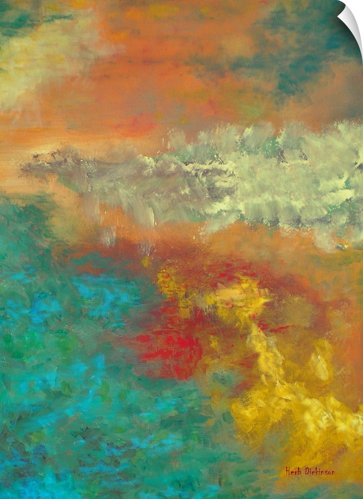 Abstract painting created with bright blue, green, orange, red, yellow, and gold hues representing a reflection on the lake.
