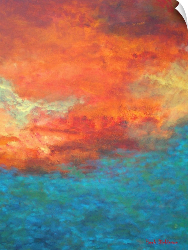 Abstract painting created with bright orange, red, blue, green, and yellow hues representing a reflection on the lake.