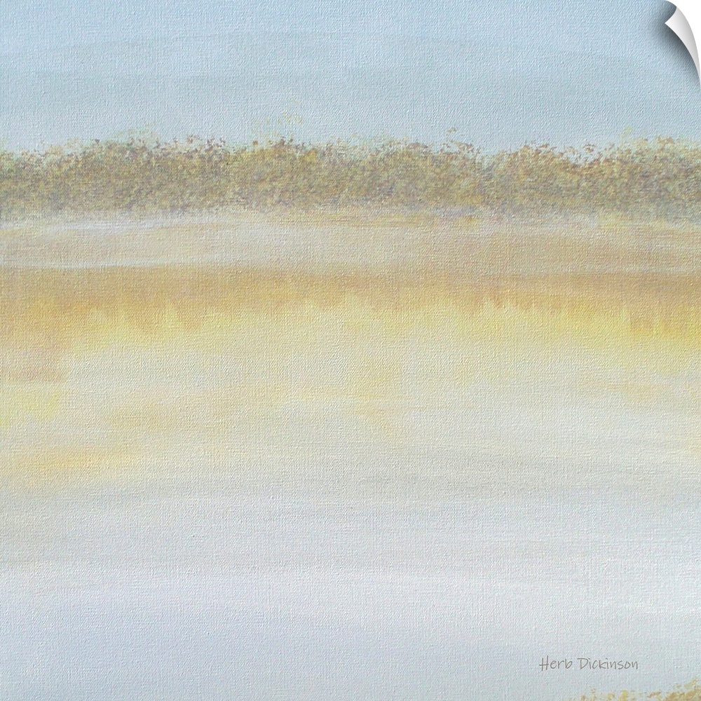 Abstract painting of a lake and reflections in the early morning on a square background.