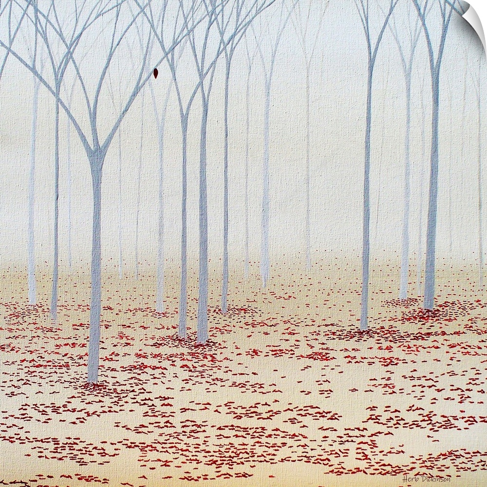 Square minimalist painting of bare, gray trees with red leaves on the forest floor.