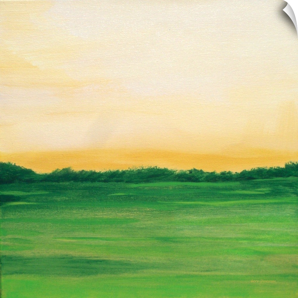 Open country landscape in shades of green and yellow on a square canvas.