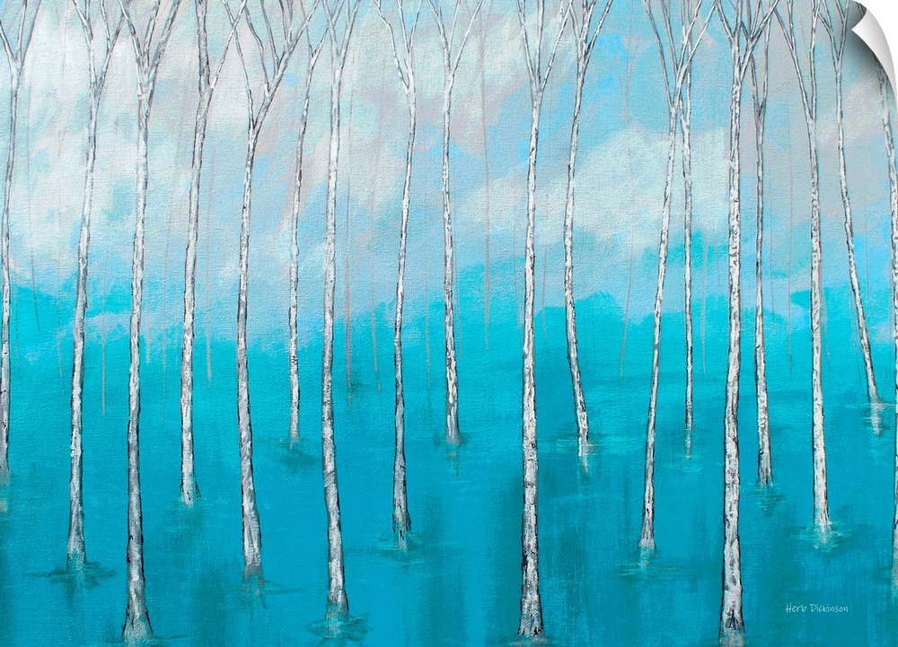 Landscape painting of bare trees in marsh waters with a cloudy background.