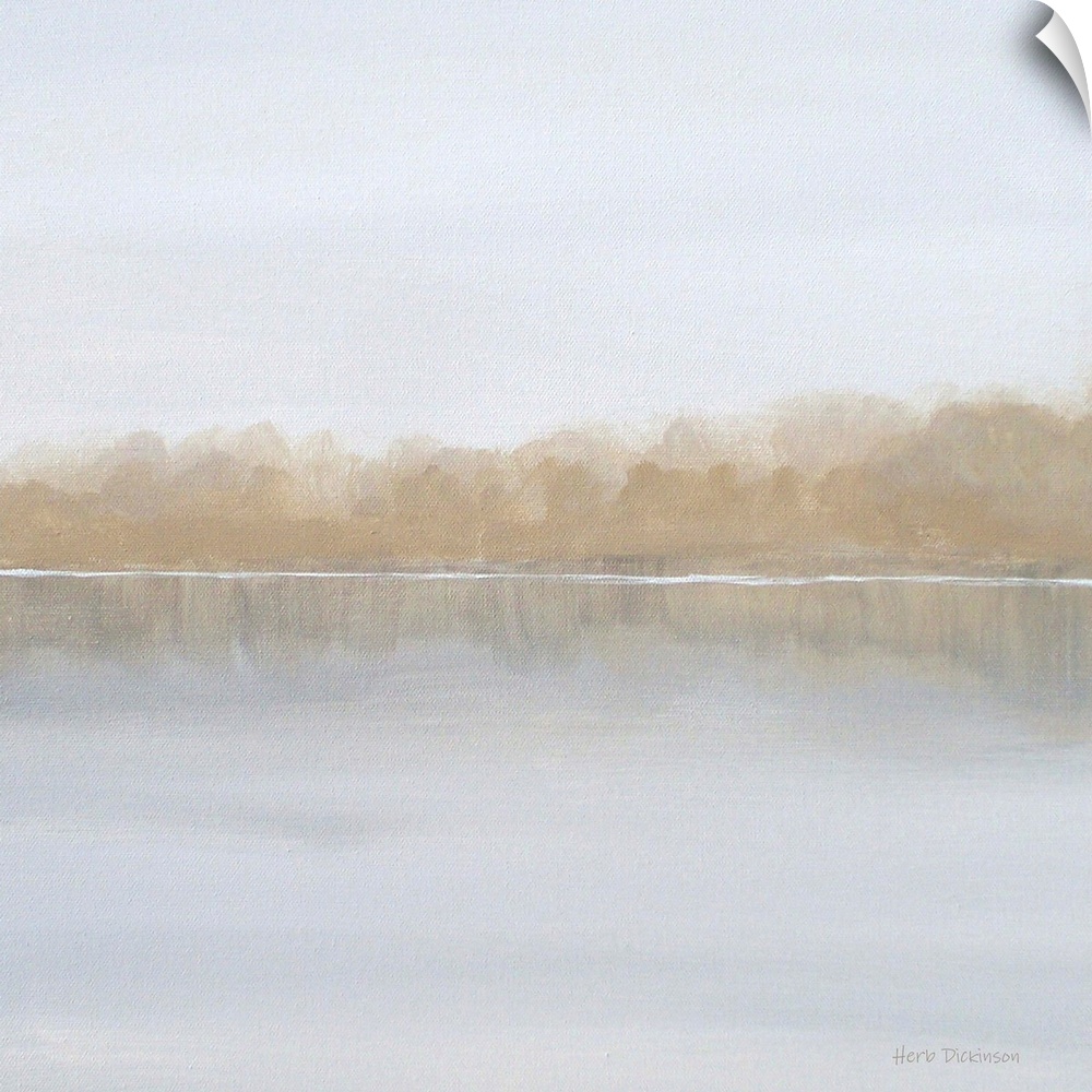 Neutral colored landscape with a foggy lake on a square background.
