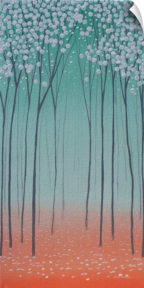 Panel painting with a tree landscape in shades of green, gray, and orange.