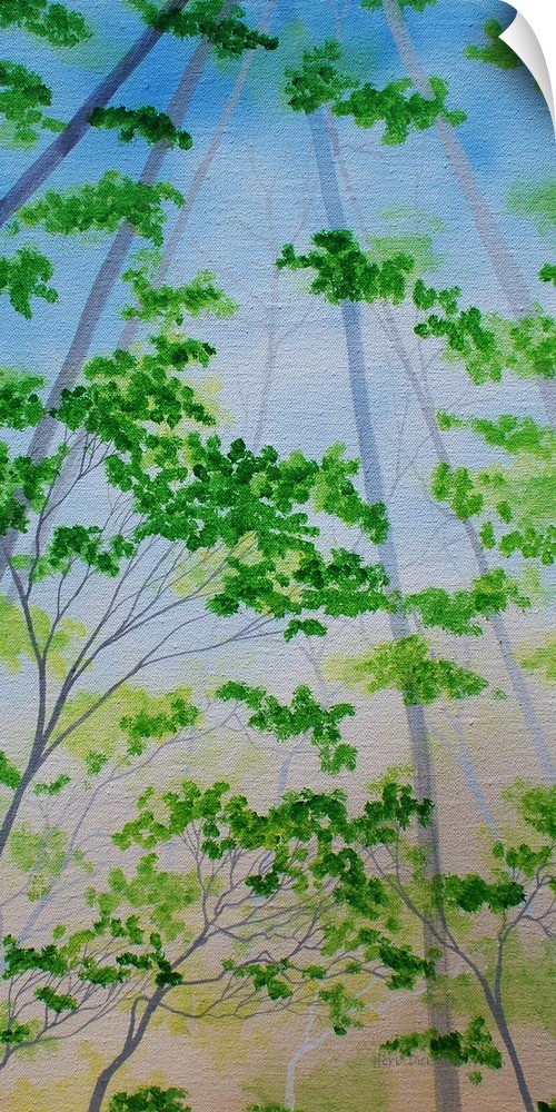 Panel painting of green tree tops with blue skies.