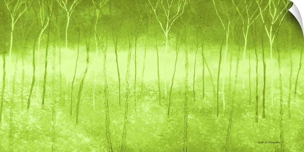 Lime green landscape painting of a foggy forest with thin trees all over.