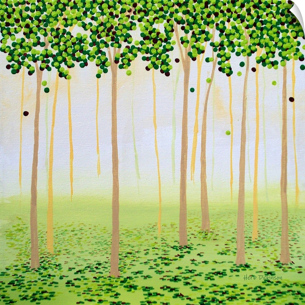 Square painting of a forest covered in circular leaves made with shades of green.