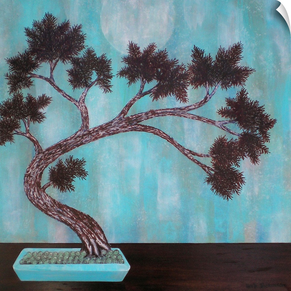 Painting in aqua blues/greens and brown with a Feng Shui asian feel.