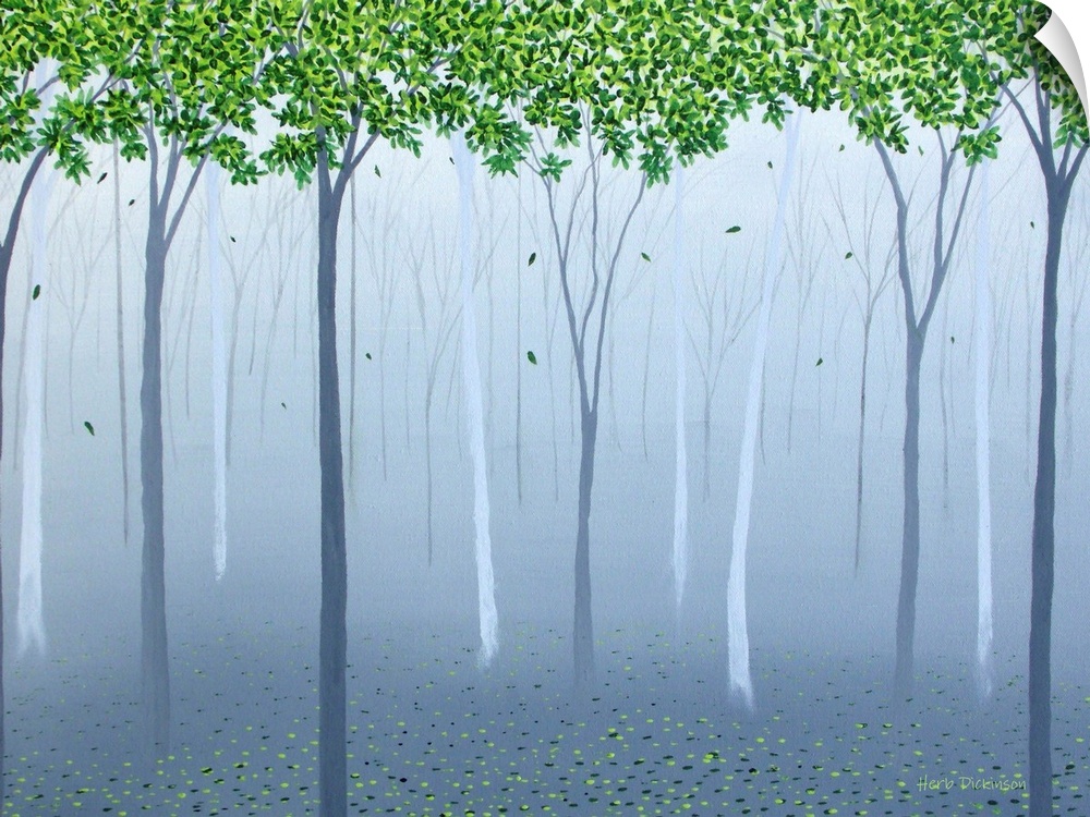 Contemporary painting of a gray-blue forest with leaves in the tree tops and on the ground in shades of green.