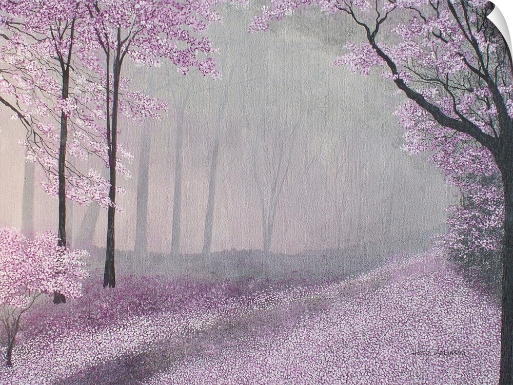 Forest landscape with pink, white, and purple leaves in the trees and covering the ground with a foggy appearance.