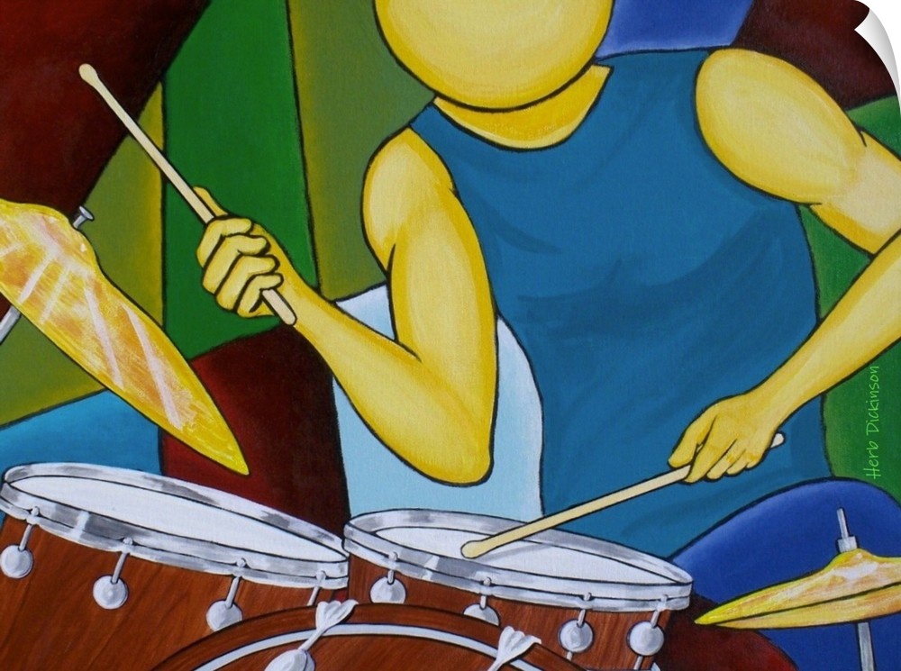 Abstract painting of a faceless person playing the drums.